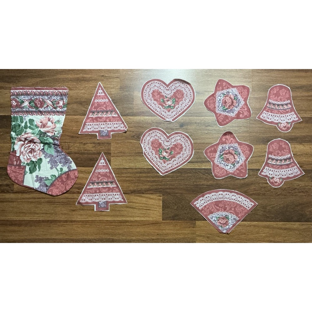Joan Kessler Heirloom Christmas Ornament Fabric Panel Rose Pink 5 Cut Ornaments